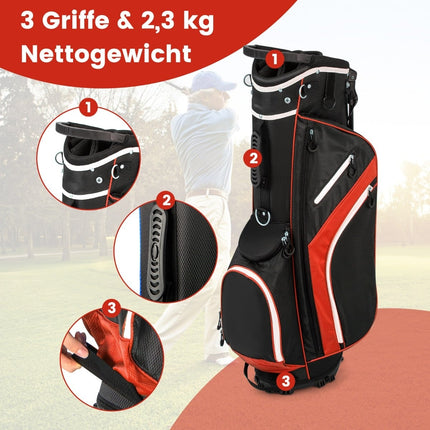 Sac de golf rouge avec 14 compartiments, 6 poches et housse de pluie.