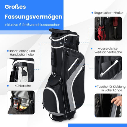 Sac de golf avec compartiments 14 compartiments, 6 poches, housse de pluie, gris