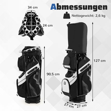 Golf Cart Bag, 14-fache Unterteilung, 11 Taschen, Schwarz
