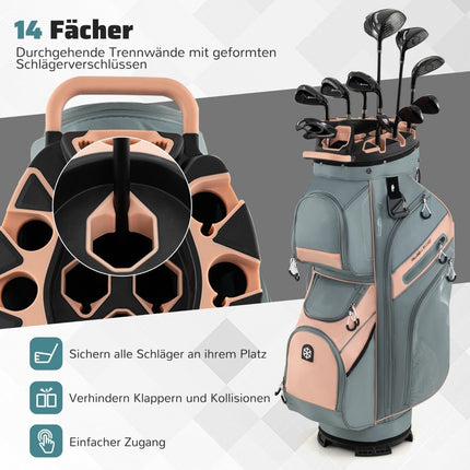 Sac de golf pour chariot, compartiments à 14 compartiments, 11 poches, rose