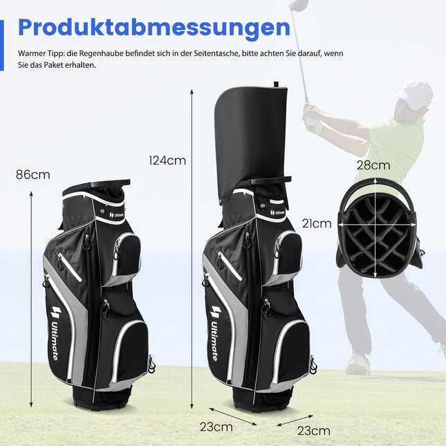 Sac de golf pour chariot avec 14 séparateurs, 9 poches, glacière, gris