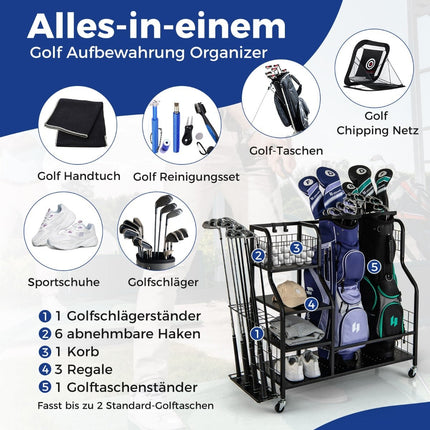 Organisateur de golf à roulettes - Peut contenir 2 sacs, clubs et équipements.