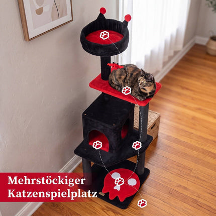 Arbre à chat gothique 144 cm avec poteaux à griffer, noir et rouge