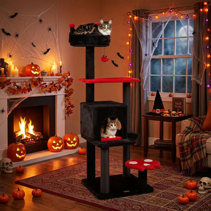 Arbre à chat gothique 144 cm avec poteaux à griffer, noir et rouge