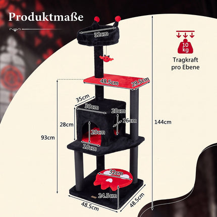 Arbre à chat gothique 144 cm avec poteaux à griffer, noir et rouge