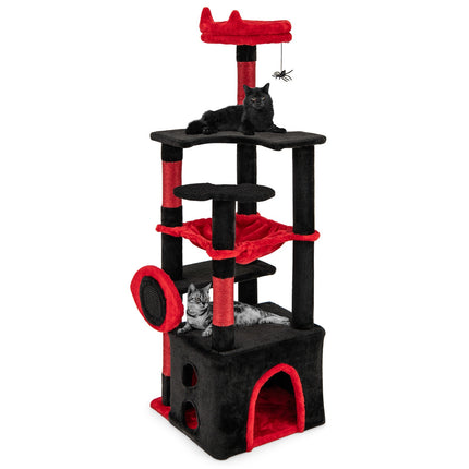 Arbre à chat gothique avec perchoir en peluche, poteaux à griffer, noir et rouge