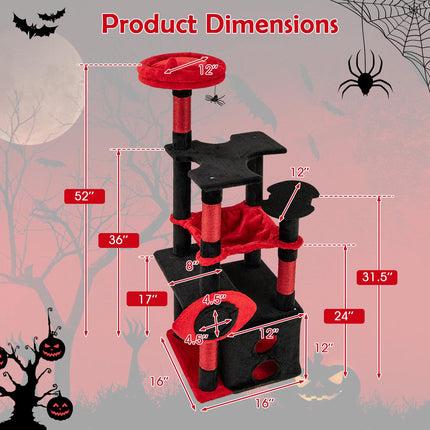 Arbre à chat gothique avec perchoir en peluche, poteaux à griffer, noir et rouge