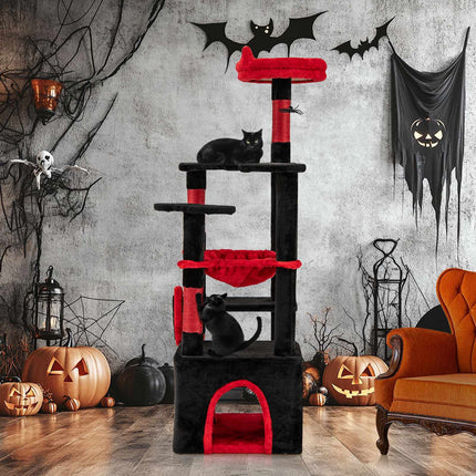 Arbre à chat gothique avec perchoir en peluche, poteaux à griffer, noir et rouge