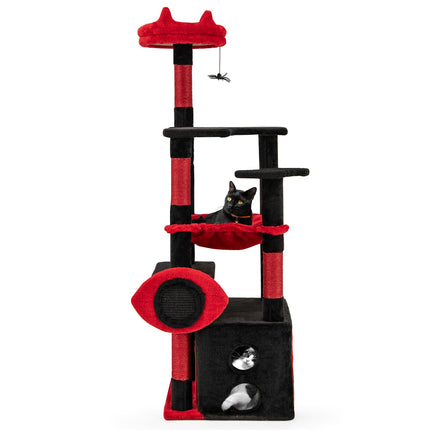 Arbre à chat gothique avec perchoir en peluche, poteaux à griffer, noir et rouge