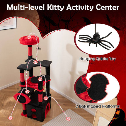 Arbre à chat gothique avec perchoir en peluche, poteaux à griffer, noir et rouge