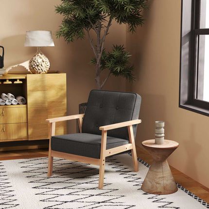 Fauteuil en lin gris avec structure en bois, capacité de charge de 120 kg