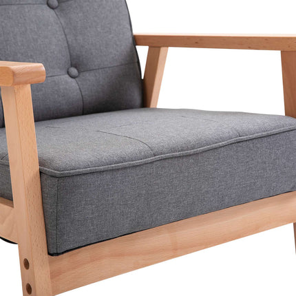 Fauteuil en lin gris avec structure en bois, capacité de charge de 120 kg