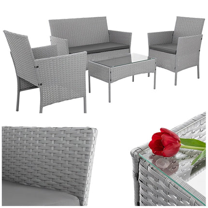 Ensemble de mobilier de jardin en rotin gris - 2 chaises, canapé, table