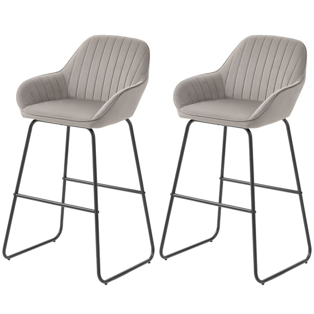 Graue Samt-Barhocker 2er-Set mit Metallbeinen