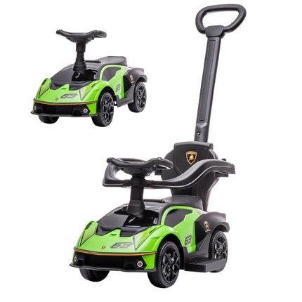 Voiture électrique verte 2 en 1 avec poignée de poussée et klaxon