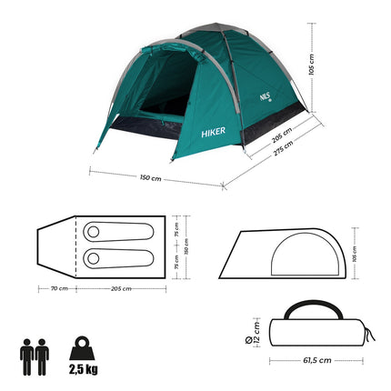 Tente de camping verte pour randonneurs, capacité 2 personnes