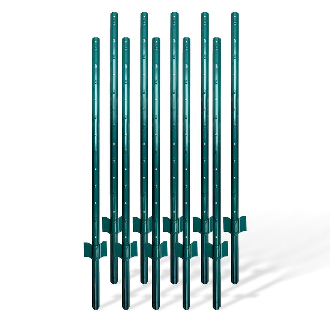 Poteaux de clôture en acier vert avec ancrages au sol, 120 cm, lot de 10