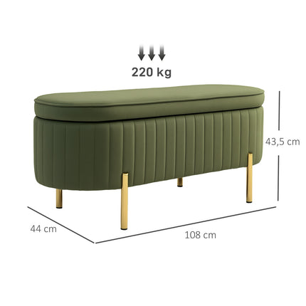 Banc de rangement en velours vert avec pieds dorés, capacité de 19 gallons