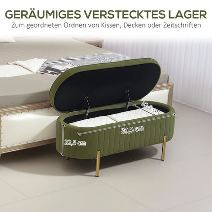 Banc de rangement en velours vert avec pieds dorés, capacité de 19 gallons