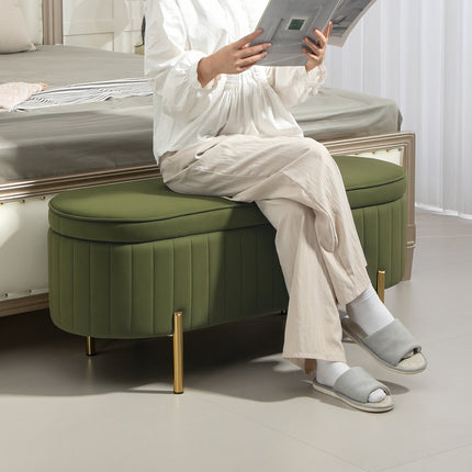 Banc de rangement en velours vert avec pieds dorés, capacité de 19 gallons