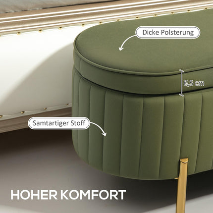 Banc de rangement en velours vert avec pieds dorés, capacité de 19 gallons