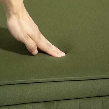 Banc de rangement en velours vert avec pieds dorés, capacité de 19 gallons