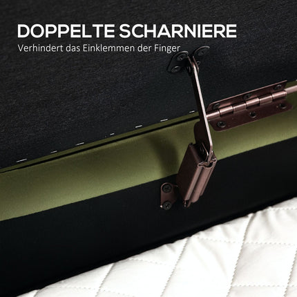 Banc de rangement en velours vert avec pieds dorés, capacité de 19 gallons