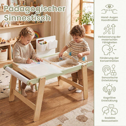 Grüner sensorischer Holztisch für Kleinkinder mit Stauraum