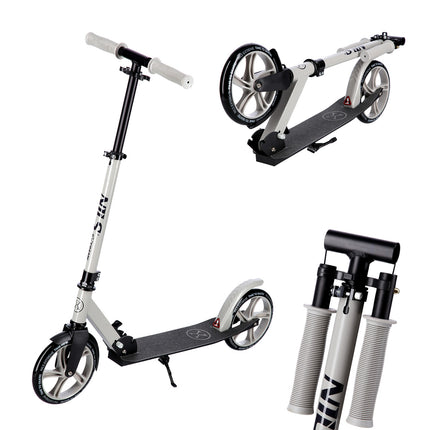 Trottinette grise, pliable, hauteur réglable