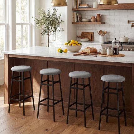 Ensemble de 2 tabourets de bar en lin gris avec structure en métal