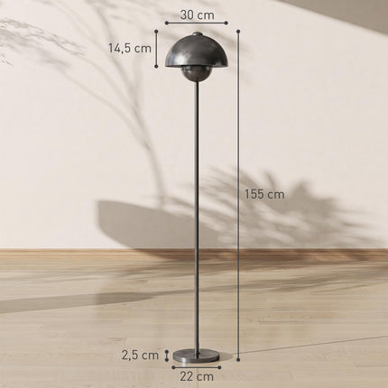 Lampadaire en métal gris avec abat-jour rond et interrupteur au pied
