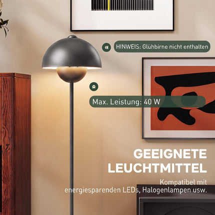 Lampadaire en métal gris avec abat-jour rond et interrupteur au pied