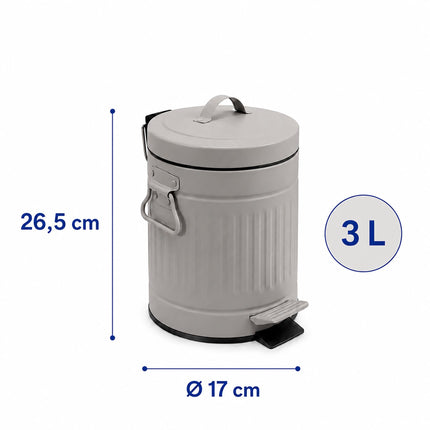 Poubelle à pédale grise rétro pour salle de bain, capacité de 3 L