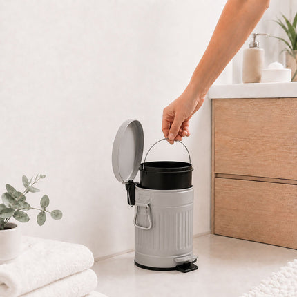 Poubelle à pédale grise rétro pour salle de bain, capacité de 3 L