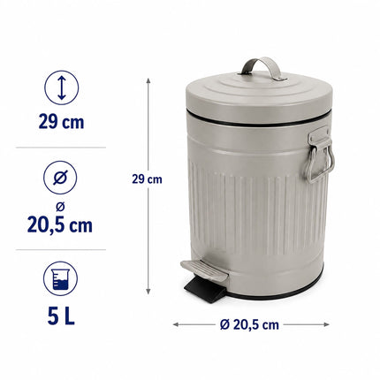 Poubelle à pédale grise rétro pour salle de bain, capacité de 5 L