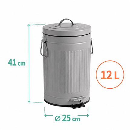 Poubelle à pédale rétro grise, capacité 12 L, couvercle à fermeture douce
