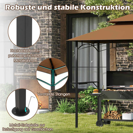 Pavillon de barbecue avec double toit, étagères et crochets, 240 x 151 cm