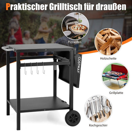 Chariot de grill avec plateau pliant, 2 étagères et 4 crochets, table de camping mobile