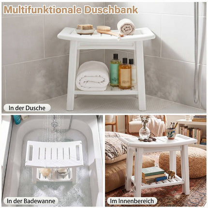 Chaise de douche en PEHD avec étagère et poignées, blanche