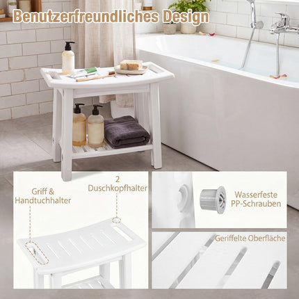 Chaise de douche en PEHD avec étagère et poignées, blanche