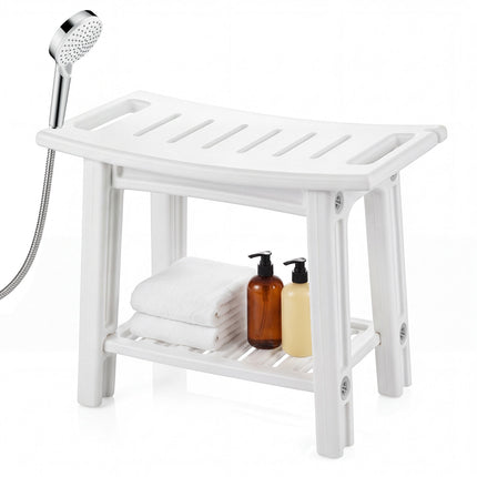 Chaise de douche en PEHD avec étagère et poignées, blanche