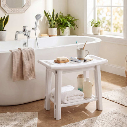 Chaise de douche en PEHD avec étagère et poignées, blanche
