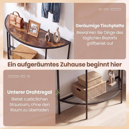 Halbmond-Konsolentisch, 2-stufige Ablage, rustikales Braun