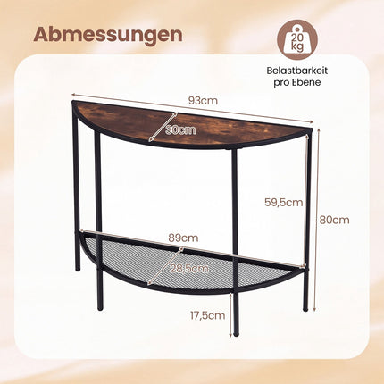 Halbmond-Konsolentisch, 2-stufige Ablage, rustikales Braun