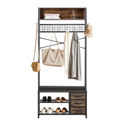 Hall Tree With Shoe Bench, 3 Drawers, Steel Frame