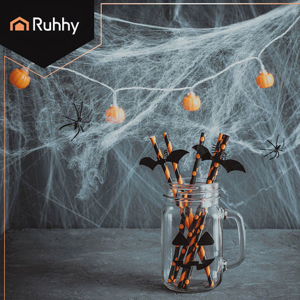 Halloween Spinnennetz mit 2 Spinnen, dehnbar, weiß