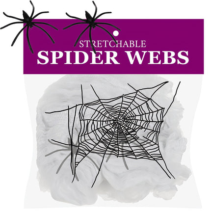 Halloween Spinnennetz mit 2 Spinnen, dehnbar, weiß