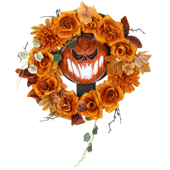 Couronne d'Halloween, motif citrouille, feuilles d'automne, effets LED