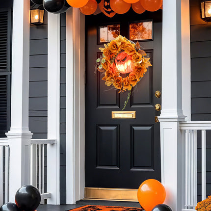 Couronne d'Halloween, motif citrouille, feuilles d'automne, effets LED