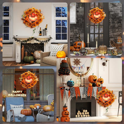 Couronne d'Halloween, motif citrouille, feuilles d'automne, effets LED